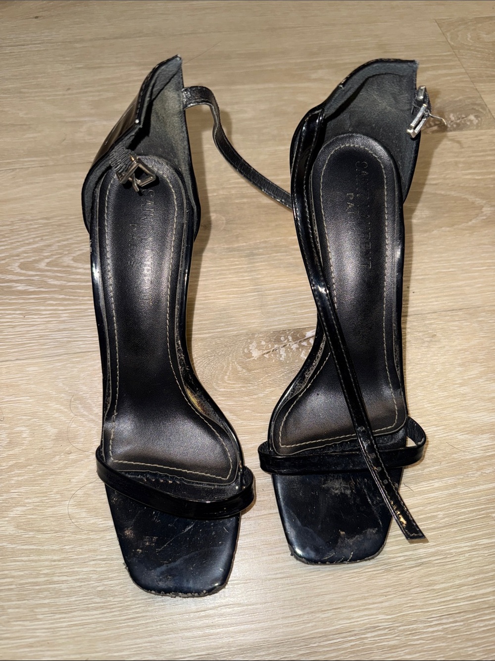 Saint Laurent Opium Black Patent Square-Toe Ankle-Strap Heels